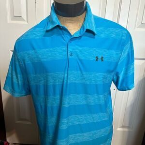 Under Armour HeatGear Mens Large Blue Striped Short Sleeve Polo